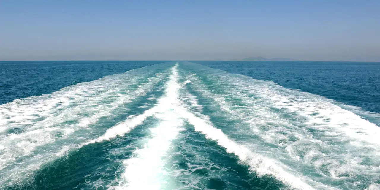 Le sillage blanc du bateau s’étire en haute mer jusqu’à l’horizon, où la côte n’est plus qu’une ligne.